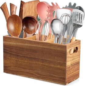 Acacia Wood Utensil Holder Organizer for Counter - Large Wooden Utensil Caddy for Countertop - 3 Compartment Cooking Tool Holder for Spatula - fo