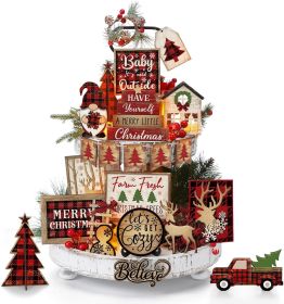 24 Pcs Christmas Tiered Tray Decor Wood Rustic Christmas Decoration for Home Table Shelf Winter Farmhouse Decor Xmas Trees Gnome Elk Snowflake Si