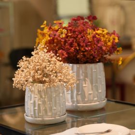 Handmade White Glazed Ceramic Planter Set of 2, 6" & 8" Diameter, Bamboo-like Pattern, for Orchids Indoor/Outdoor Shelf and Table Use, Breathable