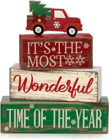 4 Pcs Christmas Decor Wooden Red Truck Winter Tiered Tray Decor Rustic Merry Christmas Table Centerpiece Wood Red Truck Block Sign Gift Farmhouse