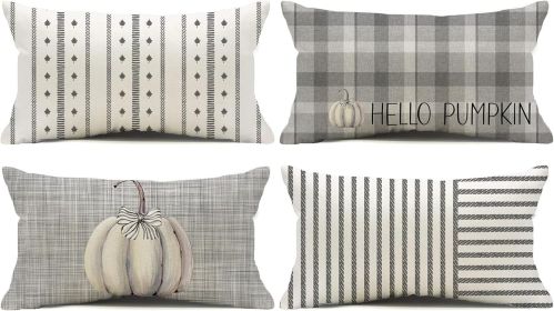 Grey Striped Farmhouse Throw Pillow Covers 12x20 Inch Set of 4 Stripes Buffalo Plaid Pumpkin Pillows Decorative Autumn Thanksgiving Decorations M