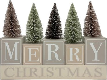 Christmas Decorations for Home Farmhouse Merry Christmas Tree Decor Wooden Winter Rustic Sign Vintage Holiday Tabletop Block for Kitchen Xmas Par
