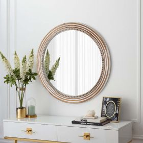 Rustic Round Wall Mirror, 23.62 Inches Wood Circle Mirror with Beads, Decorative Farmhouse Mirror for Living Room, Bedroom, Kitchen, Entryway (Wh