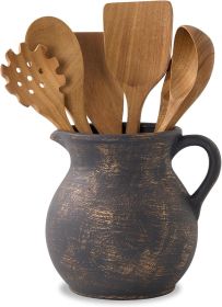 Rustic Kitchen Utensil Holder - 7.6 Inch Ceramic Utensil Crock for Countertop, Vintage Kitchen Counter Decor (Finish Type: Textured)