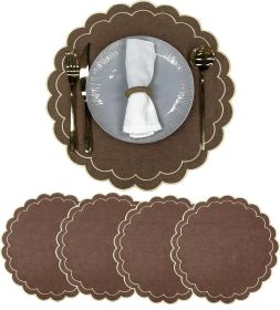 Linen Cotton Placemats Set of 4 Scalloped Flower Embroidery Place Mats 15'' Natural Linen Texture Fabric Machine Washable Table Mats for Restaura (Material: Cotton)